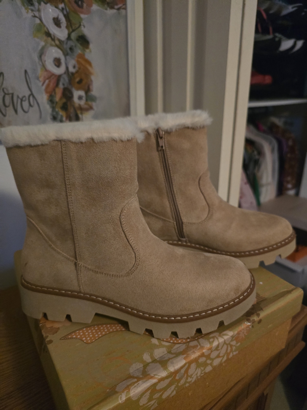 Very G Tan Faux-Fur Trim Suede-Look Winter Ankle Boots
